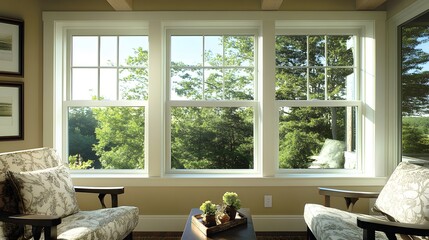 Two Armchairs and a Coffee Table by a Window with a View of Trees