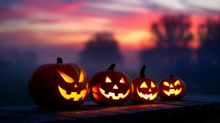 pumpkins with warm orange light glowing from within. The pumpkins are positioned on a wooden surface 