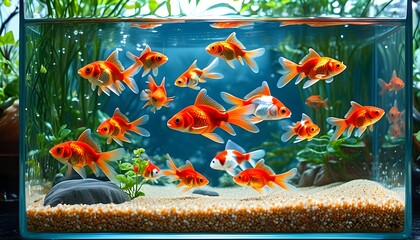 Vibrant fish swimming in a pristine tank with a clean sandy bottom and decorative plants, showcasing the beauty of aquatic life in a serene environment