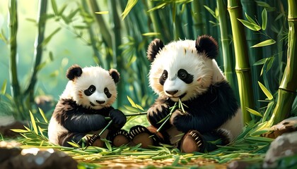 Charming scene of Chinese giant pandas enjoying bamboo in a lush green forest