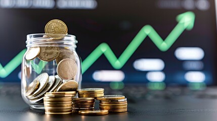 Coin jar with stacks, growth graph in background, finance concept.