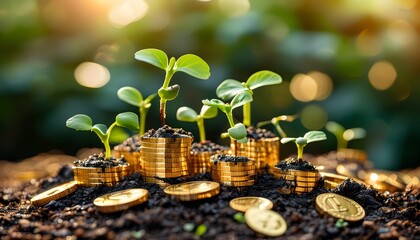 Nurturing Prosperity: Seedlings Thriving on a Pile of Gold Coins in Rich Soil