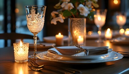 Wall Mural - Elegant candlelit dining setup with luxurious plates and stunning hand-cut crystal glasses, creating a romantic and opulent atmosphere for a special occasion.