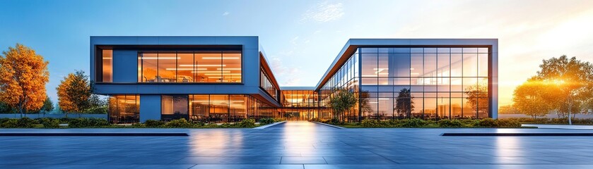 Modern office building with large windows reflecting a beautiful sunset, surrounded by trees and manicured landscaping.