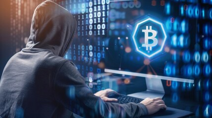 Hacker working on computer with Bitcoin and data visualizations.