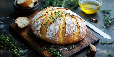 Rustic Loaf of Bread with Fresh Thyme on Wooden Board