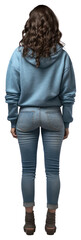 Wall Mural - A woman in jeans looking up on a white background isolation back view sweatshirt footwear standing.