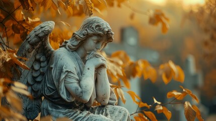  Melancholic angel statue surrounded by golden autumn leaves in serene cemetery setting