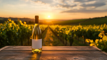 A bottle of wine with mock up label on an outdoor table overlooking the vineyards at sunset