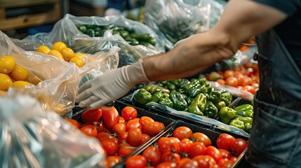 Wall Mural - Grocery Store worker packing fresh tomatoes