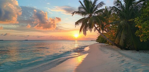 Wall Mural - Sunset Paradise: Tropical Beach with Palm Trees