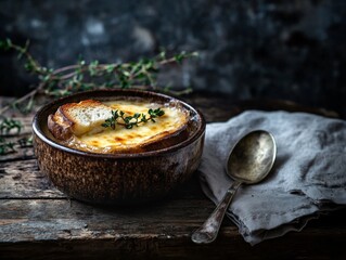 Sticker - A small bowl of rich French onion soup features a slice of toasted baguette topped with melted Gruyère cheese, set on a vintage wooden table with a spoon and napkin nearby