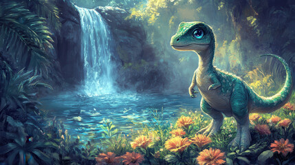 Wall Mural - A young dinosaur curiously exploring a field of vibrant prehistoric flowers, its eyes wide with wonder. The dinosaur's skin has a smooth texture wit