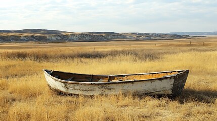 Poster - A Weathered Boat in a Field of Tall Grass