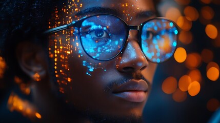  College student working on computer using AI artificial intelligence technology & machine learning. Interactive technology in classroom. Innovation & smart tech. AI blue holographic data in education