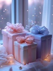 pastel-colored Christmas  gift boxes presents with ribbons tied in bows and light colors such as pink, blue, or purple. background for special events such as New Year's Day, birthday party mockups 