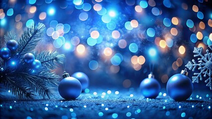 christmas tree standing with blue ornaments hanging and sparkling lights in background creating magi