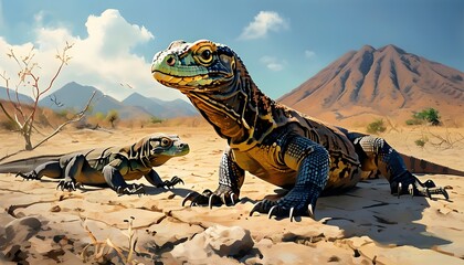 Komodo Dragon Relaxing with Curious Lizard Friends in a Sun-Kissed Desert Environment