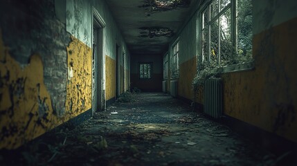 Wall Mural - Eerie Abandoned Hallway: A Glimpse into a Forgotten Past