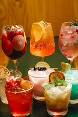 various tropical alcoholic drinks ready to drink