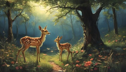 Wall Mural - Deer Mentor Inspires Young Fawns to Explore Enchanting Forest Wonders