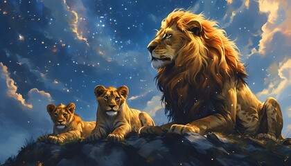 Wall Mural - Celestial Expanse of a Lion Family Beneath the Majestic Savannah Starscape