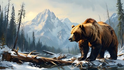 Wall Mural - majestic grizzly bear expertly crafting exquisite furniture from fallen trees in a serene mountain landscape