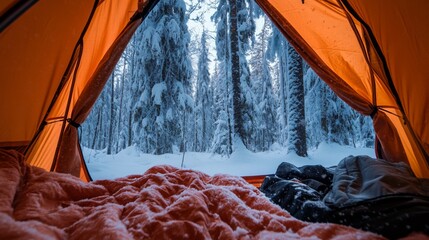 Poster - Cozy Tent Interior with Snow-Covered Forest View