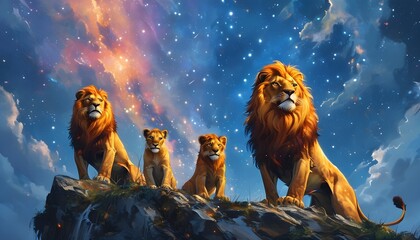 Wall Mural - Celestial Expanse of a Lion Family Beneath the Majestic Savannah Starscape