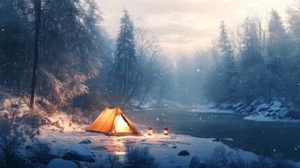 Sticker - Illuminated Tent Campsite in Snowy Winter Forest by Frozen River