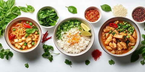 Wall Mural - A Table Setting with Three Bowls of Asian Cuisine