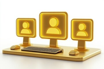 Golden 3D digital avatar icons on computer screens symbolizing virtual communication digital identity and futuristic tech innovations in a sleek environment