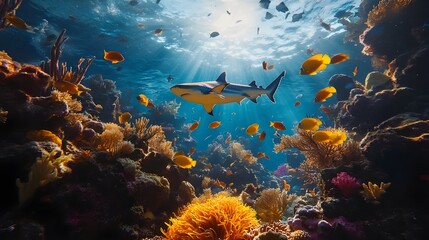 Reef sharks swimming with schools of fish in breathtaking wallpaper images