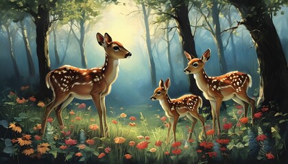 Wall Mural - Deer Mentor Inspires Young Fawns to Explore Enchanting Forest Wonders