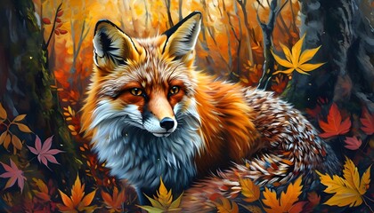 Wall Mural - Mystical Fox Camouflaged Among Vibrant Autumn Leaves in Captivating Forest Setting