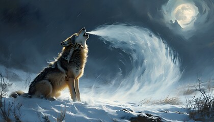 Poster - lone wolf howling under a full moon as breath turns into a swirling blizzard, casting a mystical aura on the surrounding wilderness