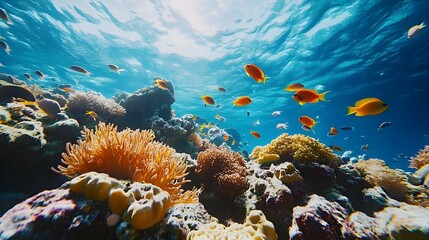 Colorful fish swimming in pictures of thriving underwater coral reefs