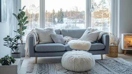 Wall Mural - Scandinavian-style living room with a cozy gray couch, fluffy cushions, and winter decor by the window generative ai