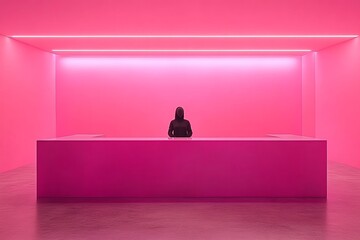 Person in a minimalistic pink room with neon lighting symbolizing technology innovation and modern design in a sleek digital world