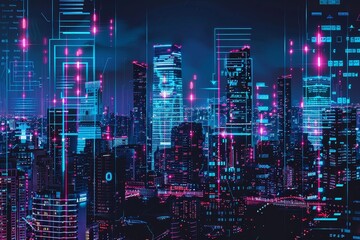 Wall Mural - Cyberpunk Night Cityscape Adorned with Holographic Lights