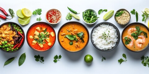 Wall Mural - Thai Red Curry Soup, Tofu, Chicken, Shrimp, and Rice