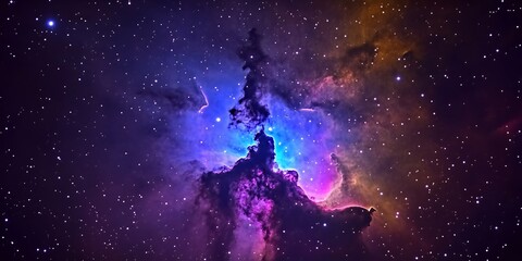 Wall Mural - a nebula in space, a cosmic cloud of gas and dust, glows with a vibrant purple and blue hue. the dar