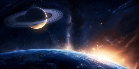 Wall Mural - a stunning view of a planet with rings, as seen from another planet's surface. the vastness of space