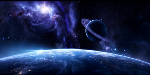 Wall Mural - a blue planet with a ringed planet and a glowing nebula in the background.