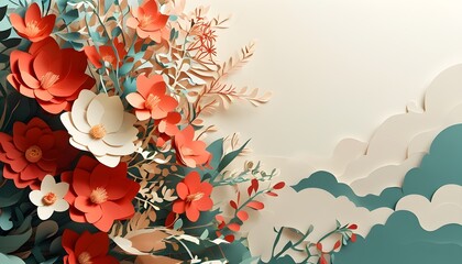 Abstract paper cut bouquet design celebrating the arrival of spring festival with vibrant colors and festive elements