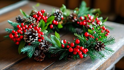 Wall Mural - Festive Christmas Wreath with Red Berries, Pinecones, and Greenery Created on Wooden Table for a Joyful Holiday Atmosphere