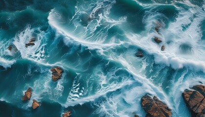 Dynamic aerial view of crashing waves on rocky ocean surface showcasing turbulent sea patterns and the beauty of nature during daytime