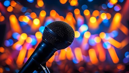 Vibrant Close-Up of Microphone Under Colorful Stage Lights with Dreamy Bokeh Effects for Karaoke Night and Music Performances