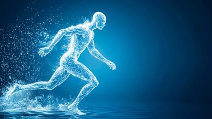 Silhouette of man from water. Water in the form of a running athlete. Concept of energy in life, healthy lifestyle