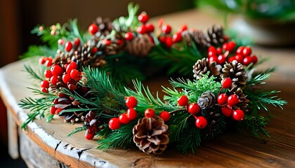 Wall Mural - Festive Christmas Wreath with Red Berries, Pinecones, and Greenery Created on Wooden Table for a Joyful Holiday Atmosphere